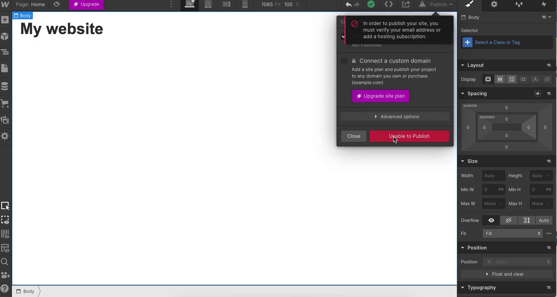 Webflow publishing error screenshot