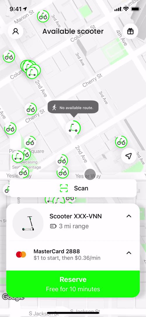 Screenshot of Select scooter on Booking transport on Lime user flow
