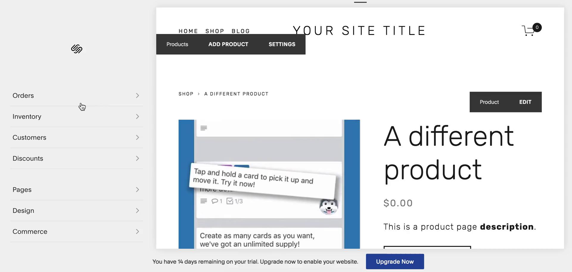 Screenshot of Website editor on Creating a discount code on Squarespace user flow