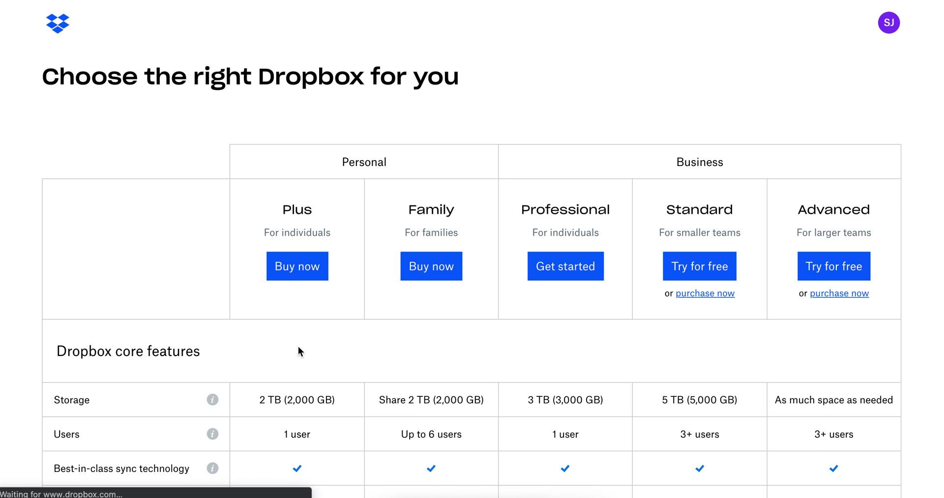 Dropbox select plan screenshot
