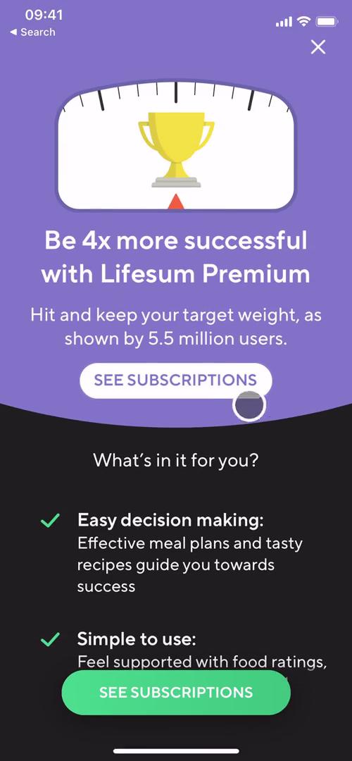 Screenshot of Upgrade on Upgrading your account on Lifesum user flow