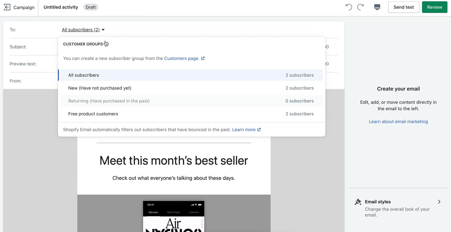 Creating an email campaign screenshot