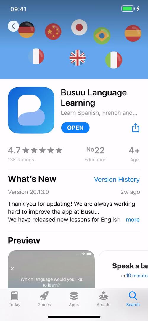 Screenshot of App store listing on Onboarding on Busuu user flow