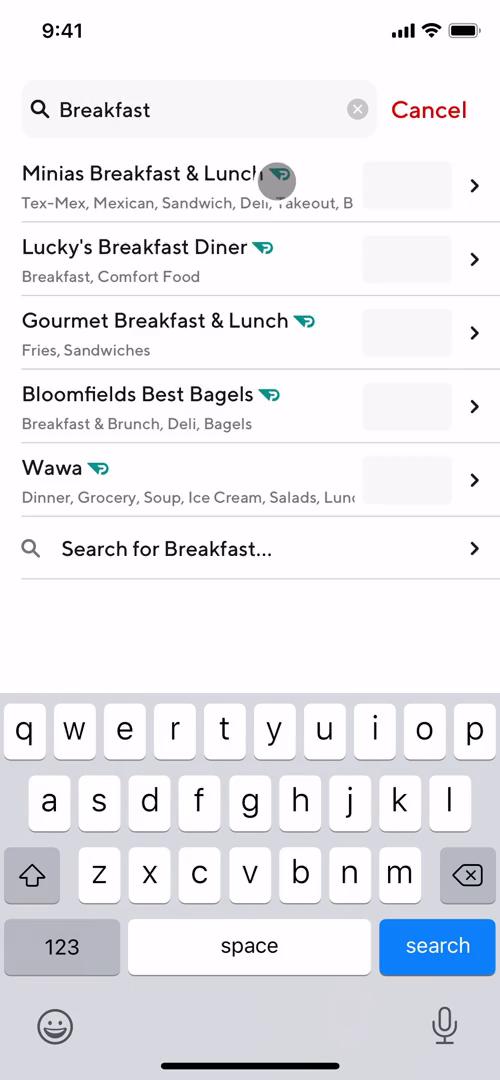 Screenshot of Quick search results on Searching on DoorDash user flow