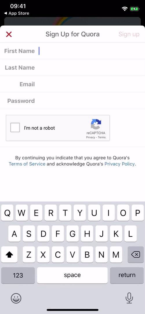 Quora sign up with email screenshot