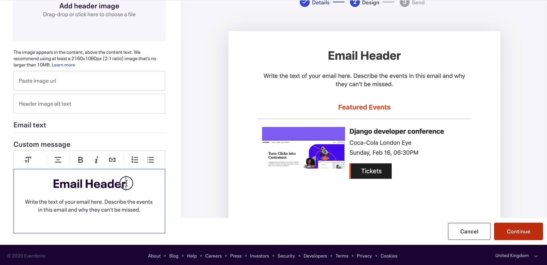 Creating an email campaign screenshot