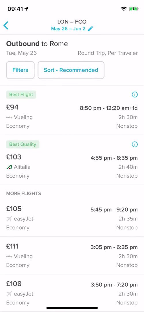 Finding flights screenshot