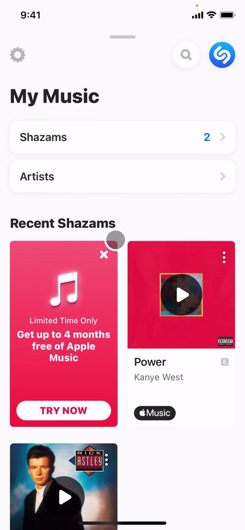Screenshot of Library on Searching on Shazam user flow