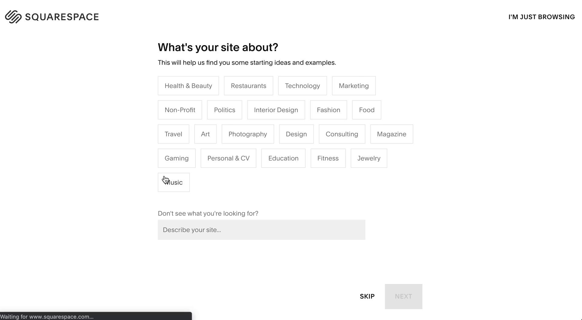 Screenshot of Select topic on Onboarding on Squarespace user flow