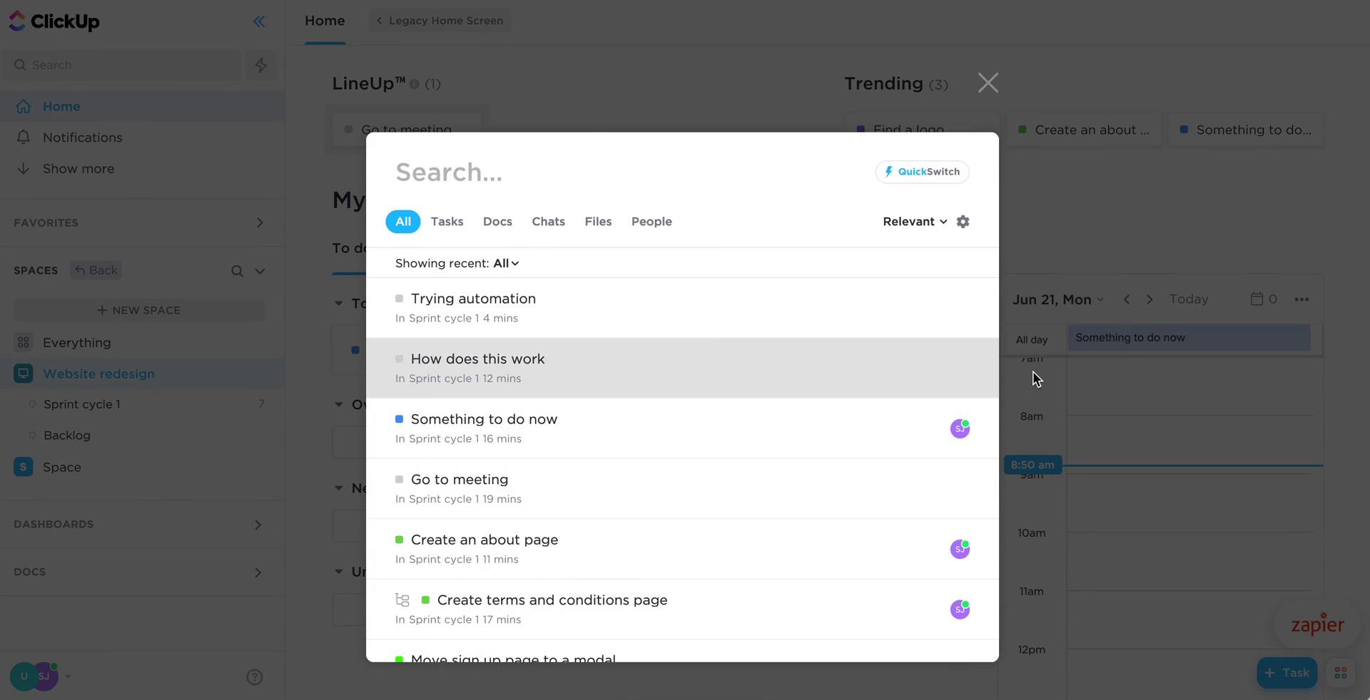 Screenshot of Search on Searching on ClickUp user flow