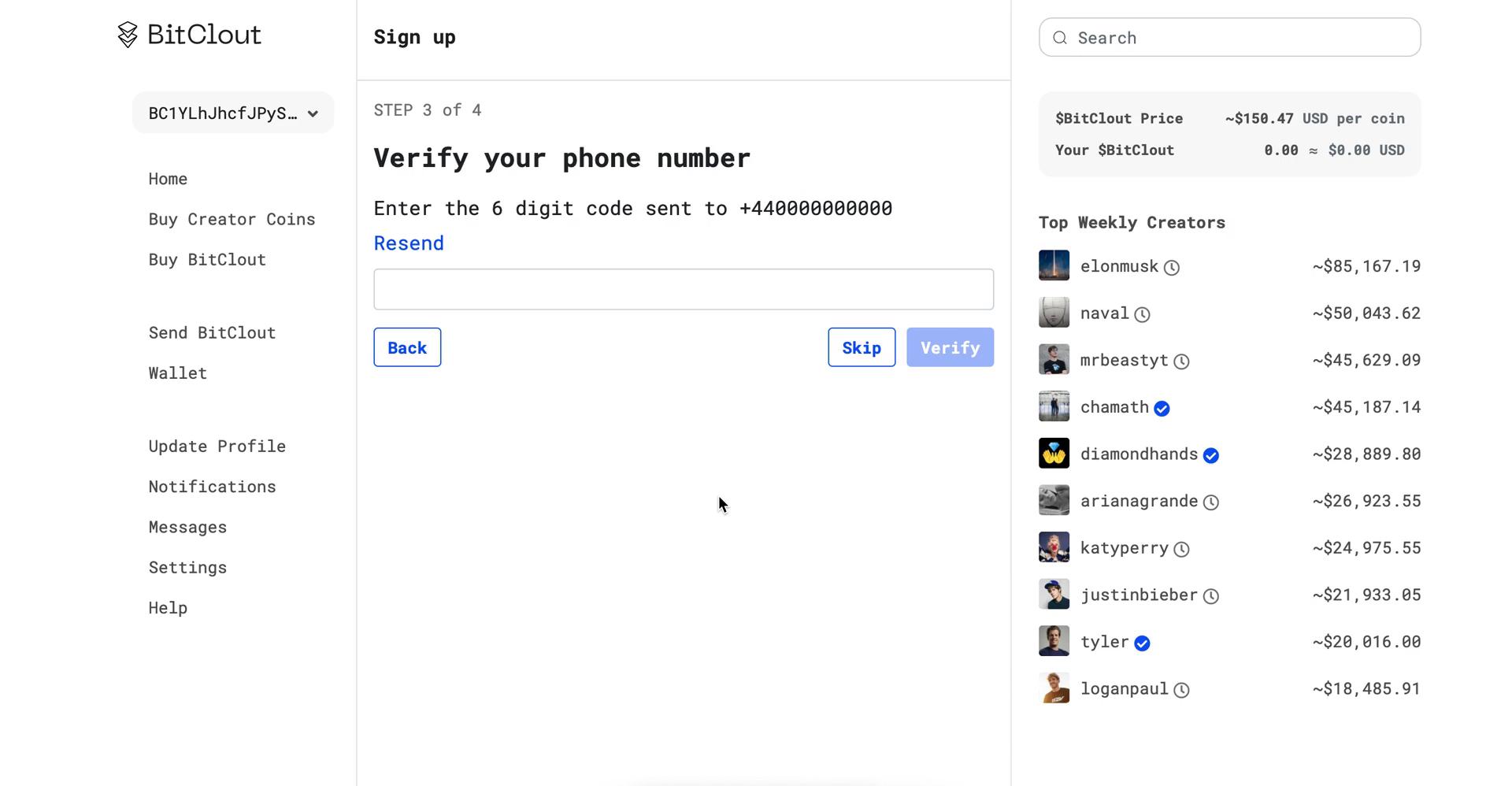 BitClout verify phone number screenshot