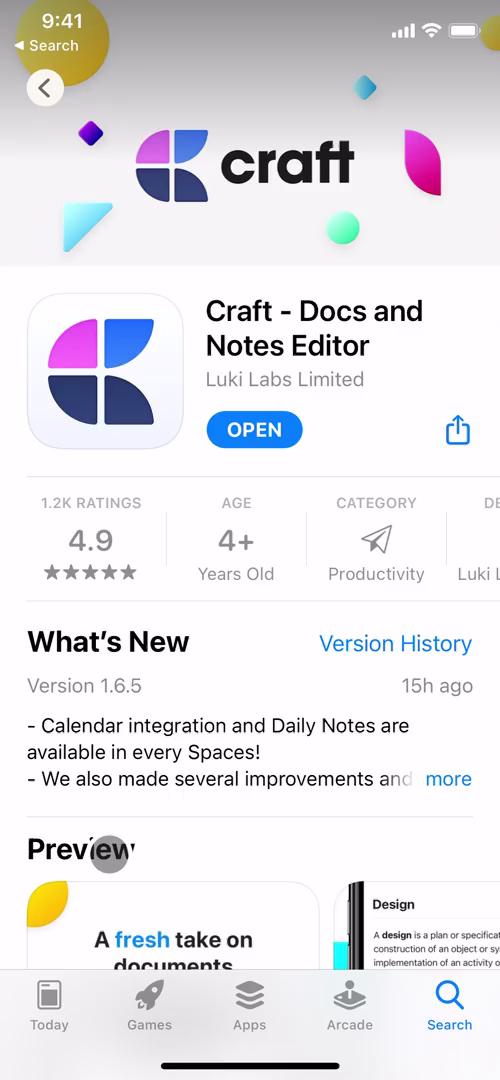 Screenshot of App store listing on Onboarding on Craft user flow