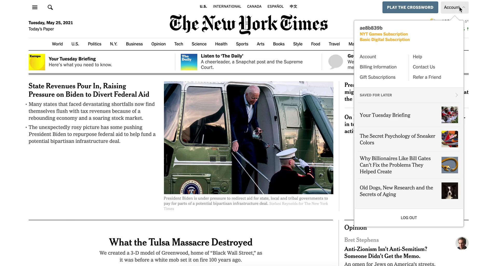 Screenshot of Account menu on Cancelling your subscription on The New York Times user flow