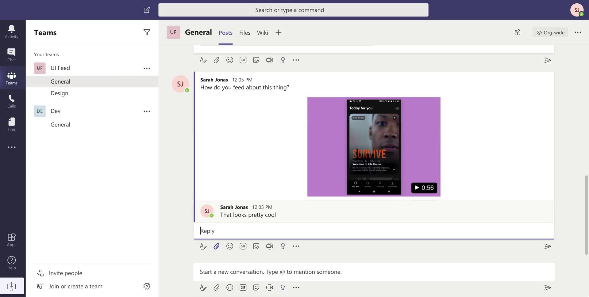 Screenshot of Reply to post on Chat on Microsoft Teams user flow