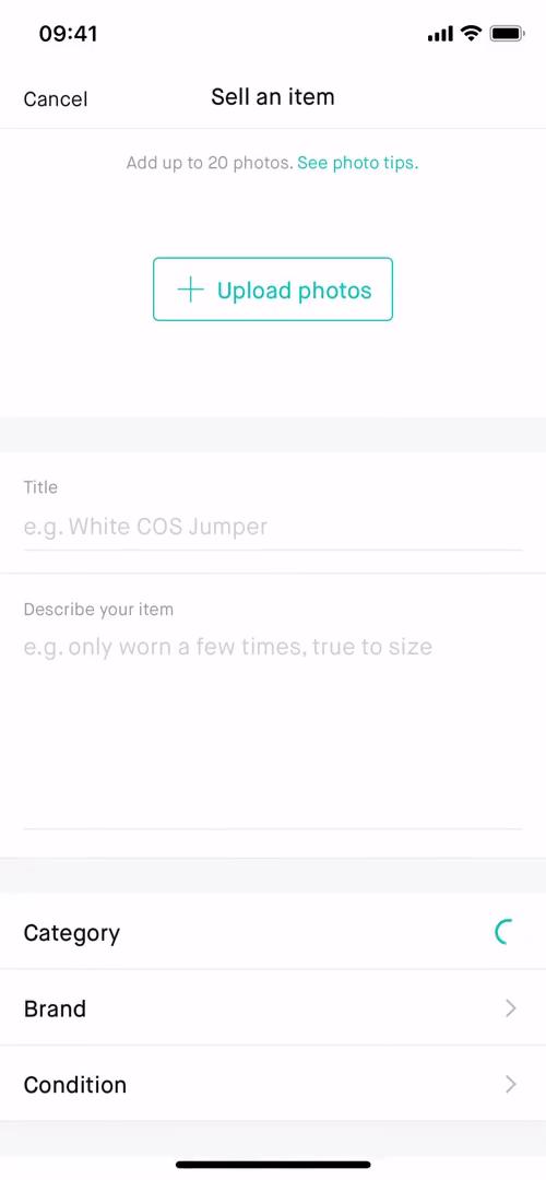 Screenshot of Sell on Listing a product on Vinted user flow