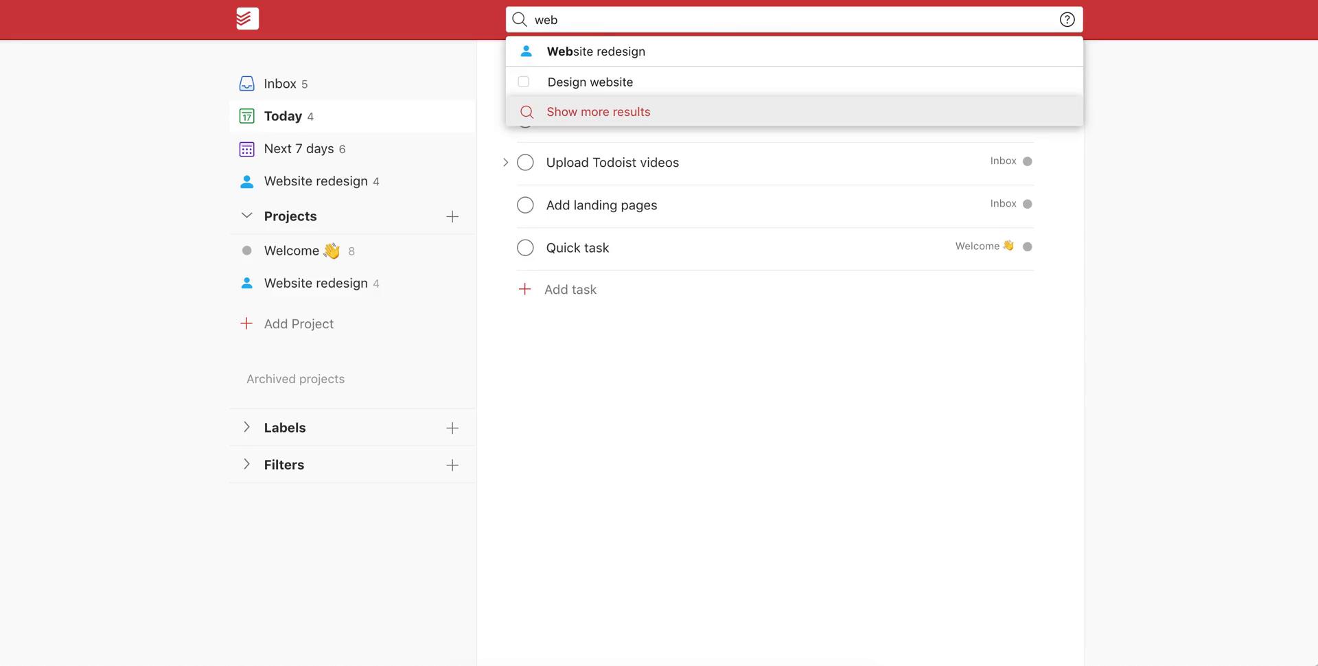 Screenshot of Quick search on Searching on Todoist user flow