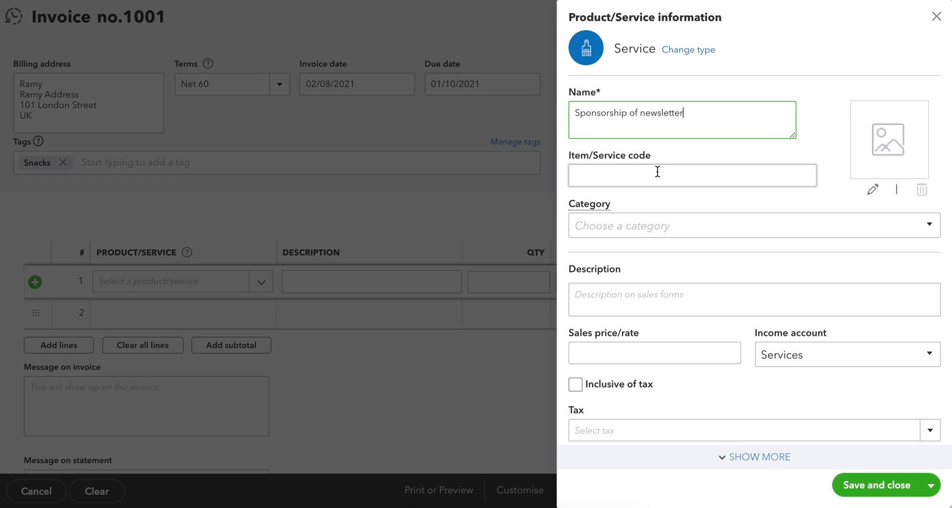 Creating an invoice screenshot