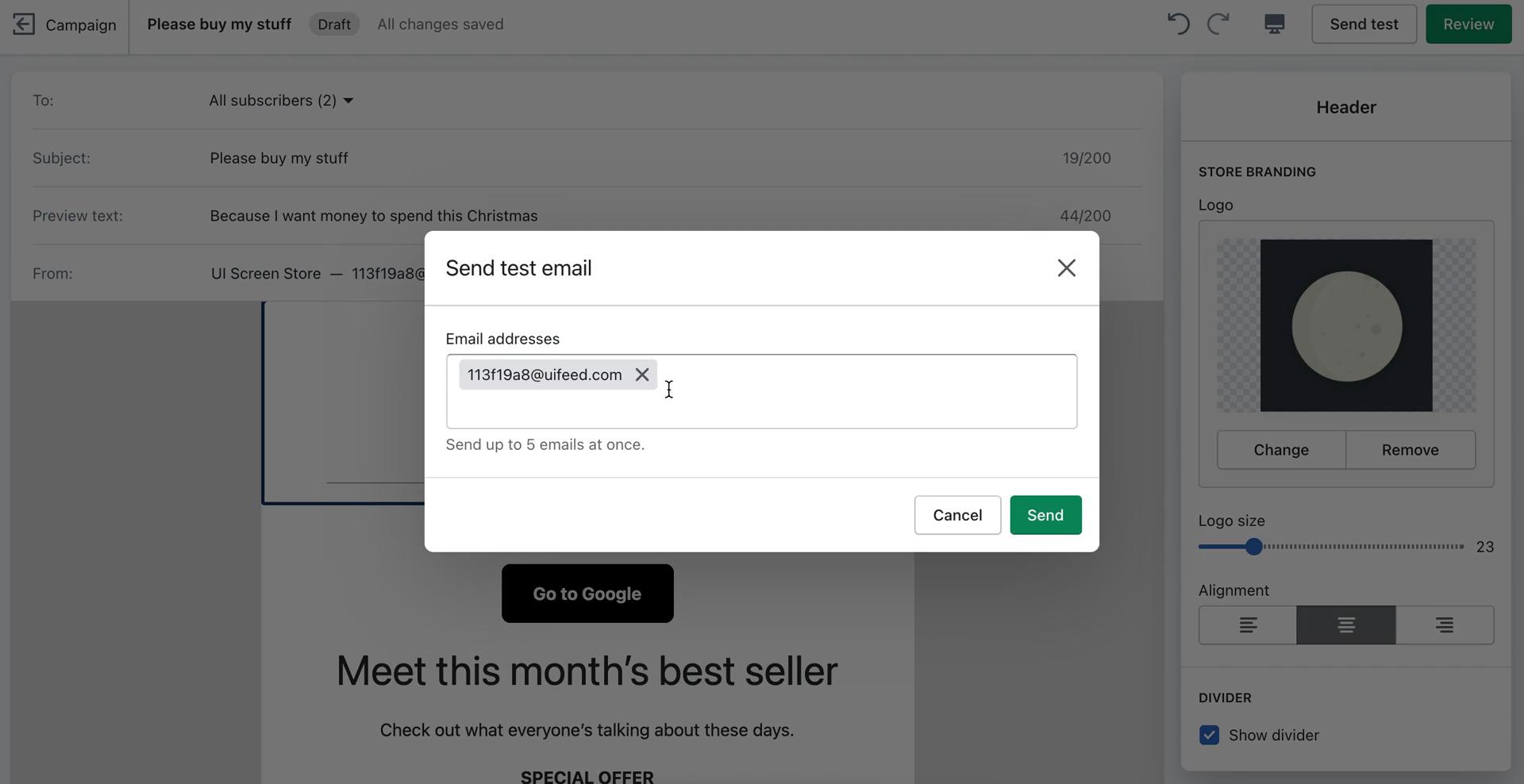 Creating an email campaign screenshot