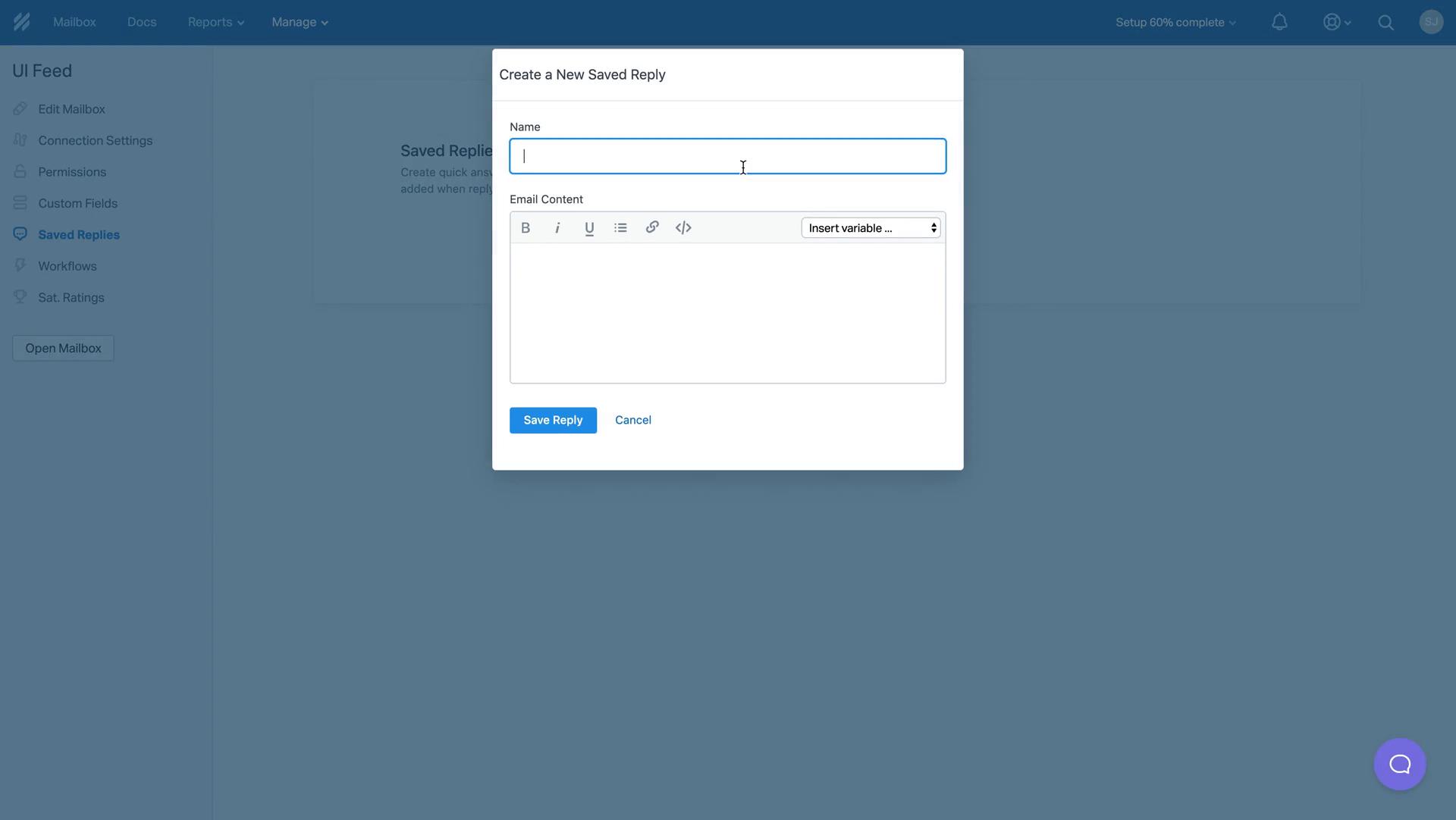 Screenshot of Create template on Creating a template on Help Scout user flow
