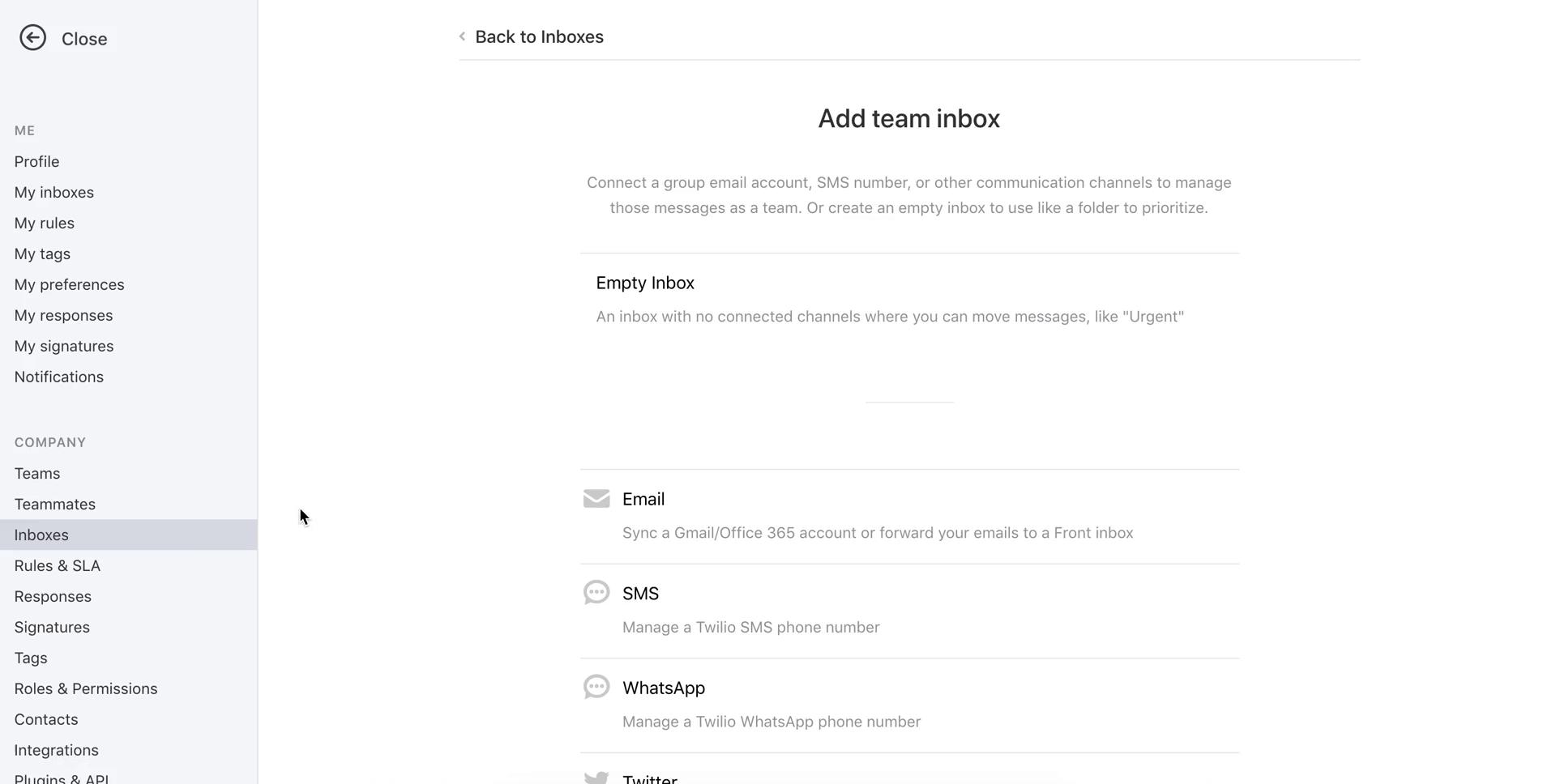 Screenshot of Add team inbox on Creating a team on Front user flow