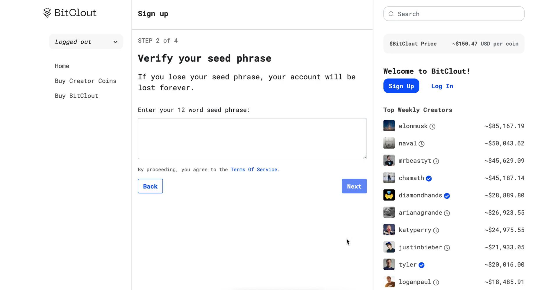 BitClout verify seed phrase screenshot