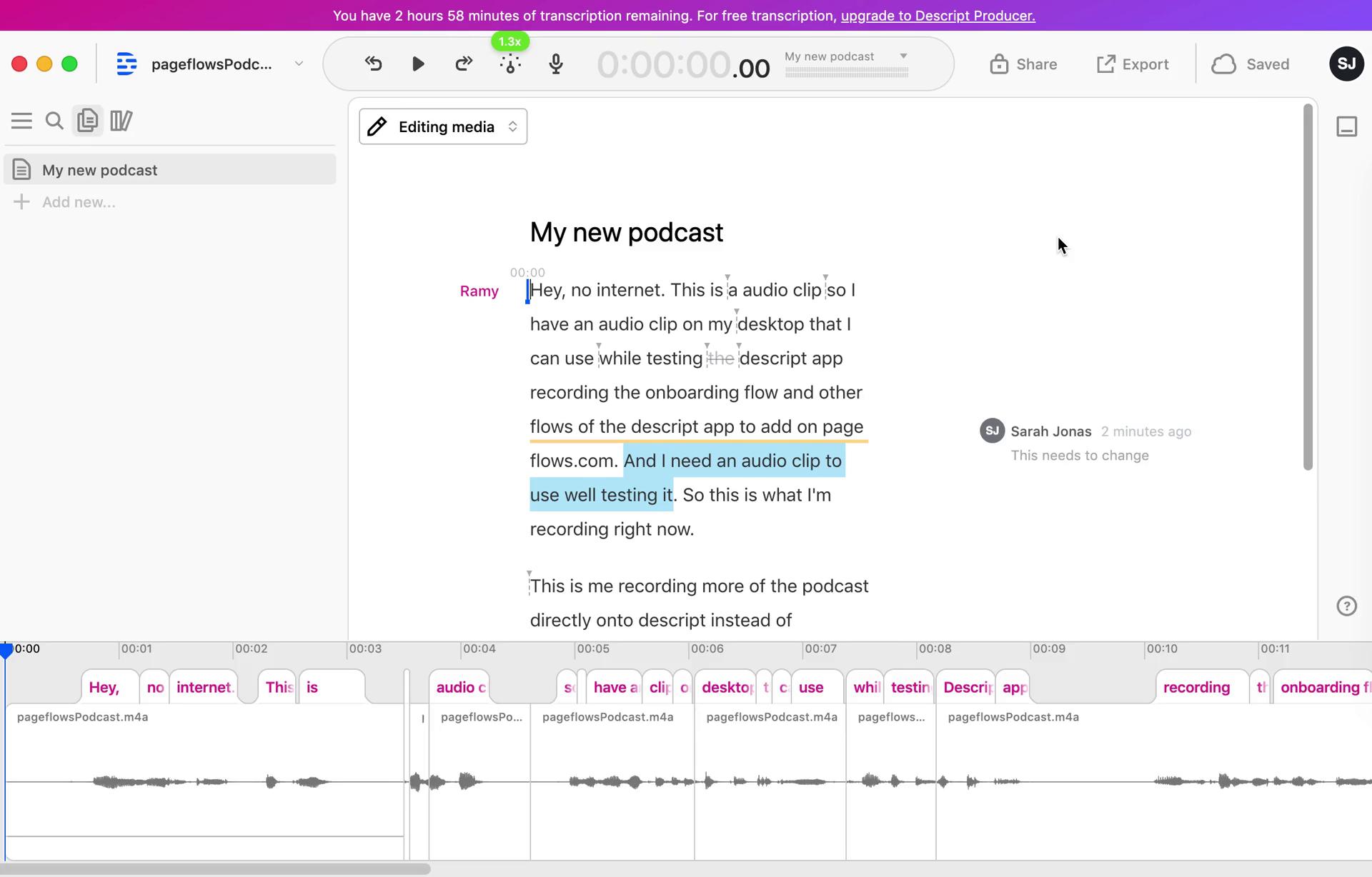 Screenshot of Audio editor on Exporting media on Descript user flow
