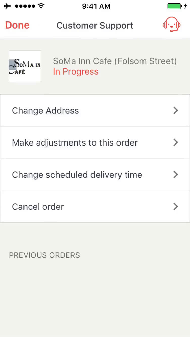 Cancelling an order screenshot