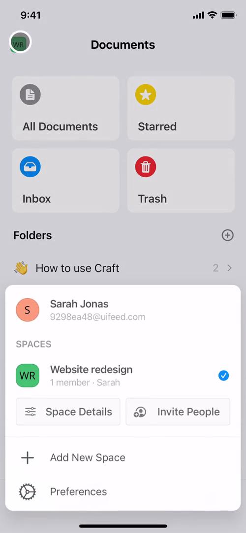 Screenshot of Account menu on Inviting people on Craft user flow