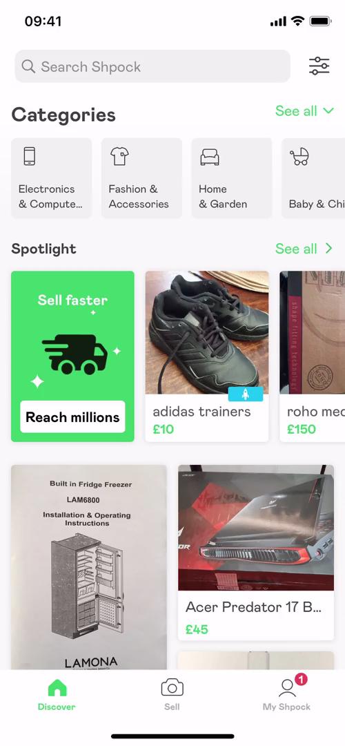 Screenshot of Home feed on Buying something on Shpock user flow