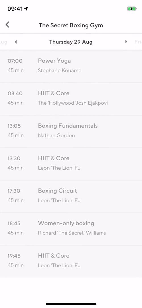 ClassPass schedule screenshot