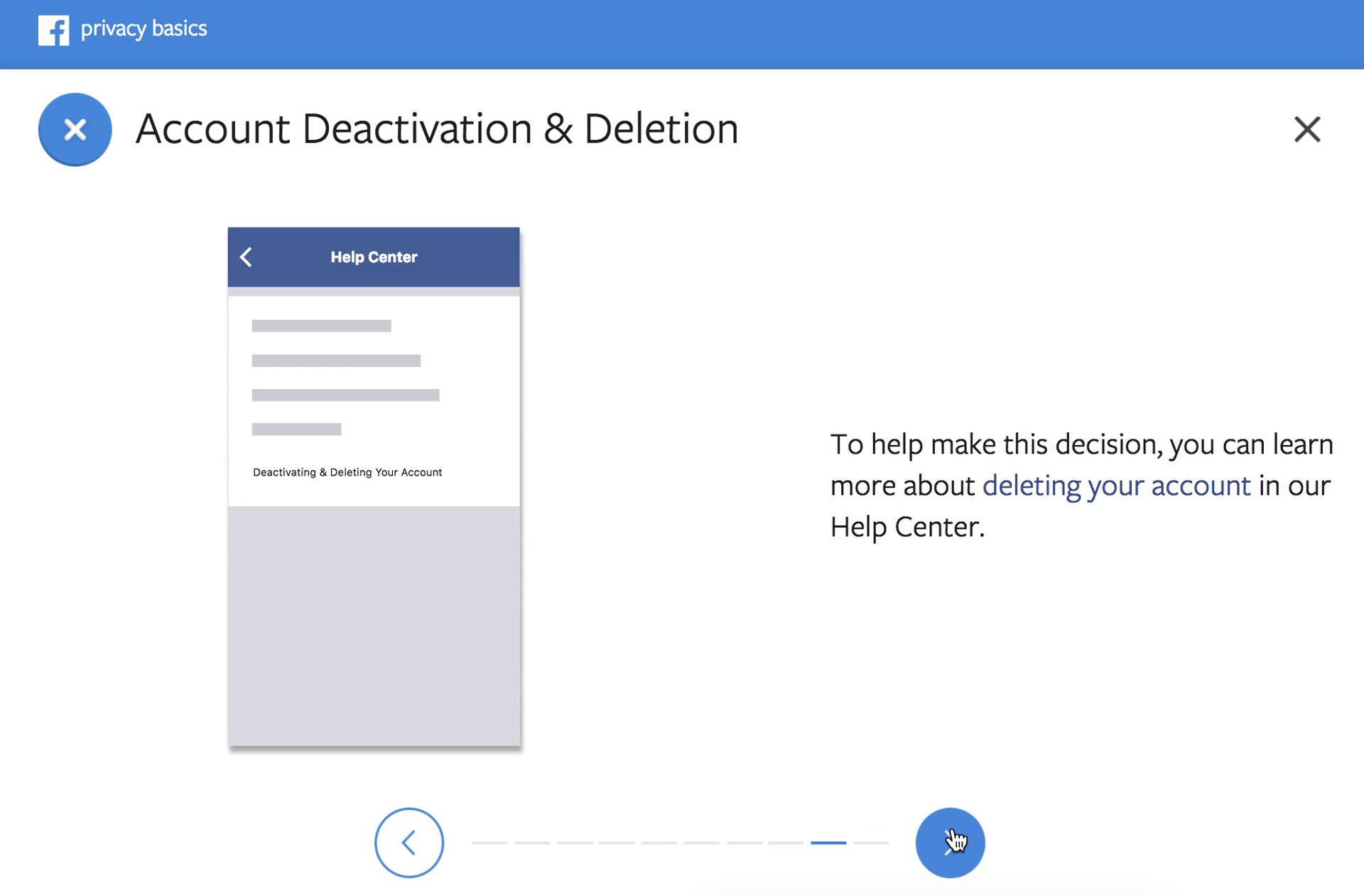 A slide on Facebook's help center on account deletion