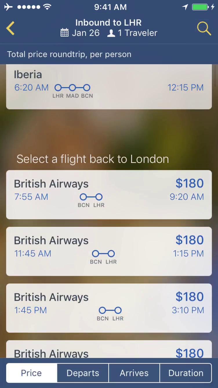 Finding flights screenshot