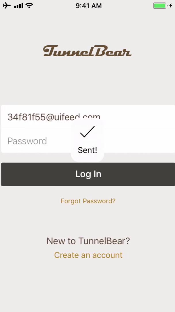 Screenshot of on Password reset on TunnelBear user flow