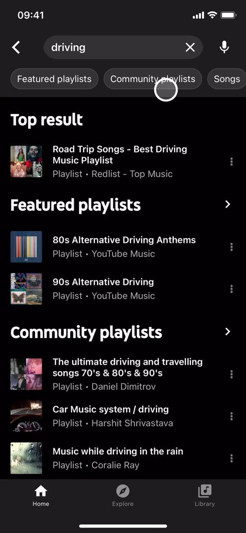 Screenshot of Search results on Searching on YouTube Music user flow
