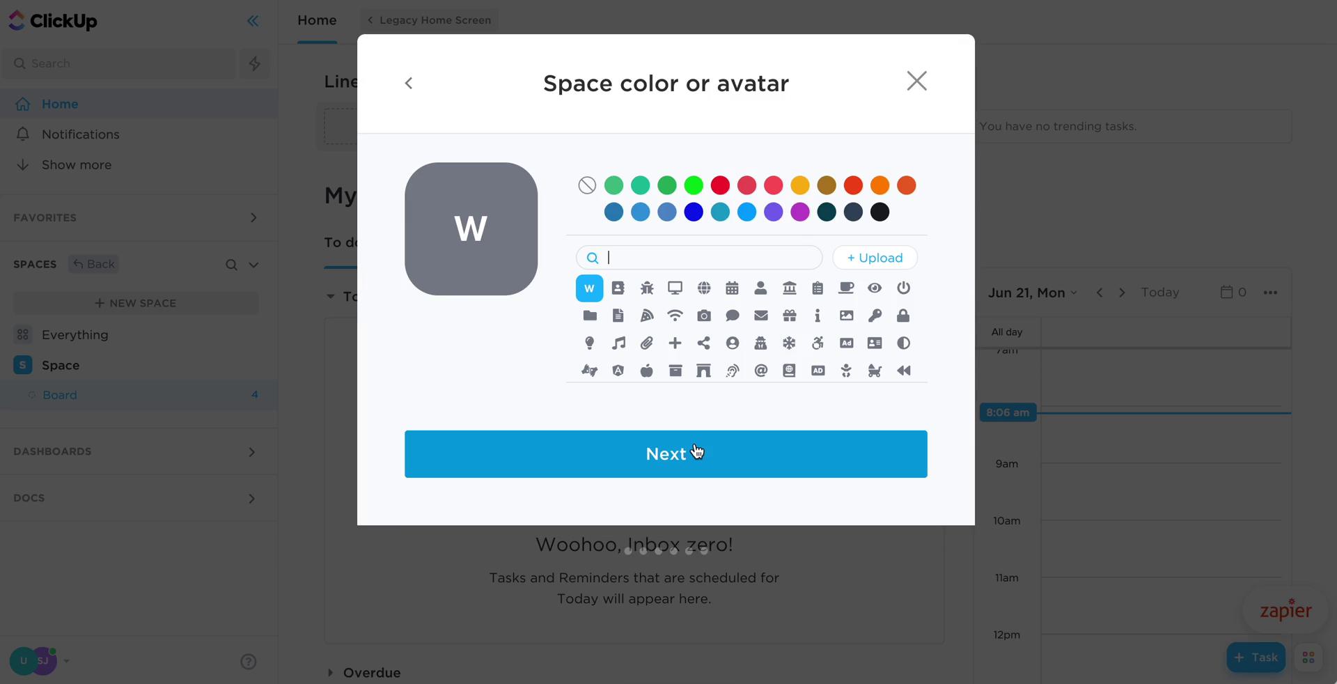 Screenshot of Select color on Creating a project on ClickUp user flow