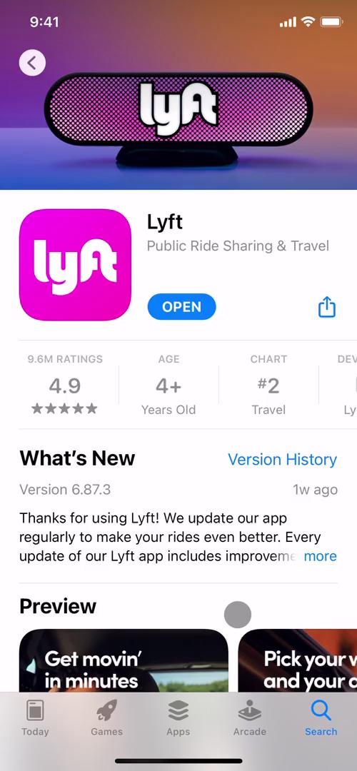 Screenshot of App store listing on Onboarding on Lyft user flow