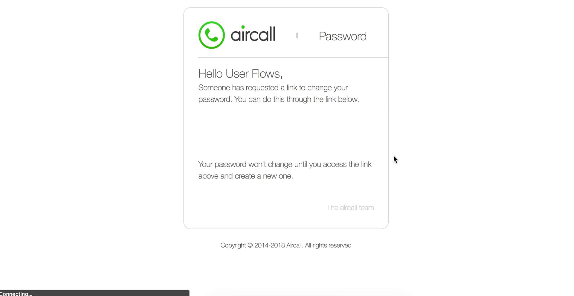 Screenshot of on Password reset on Aircall user flow