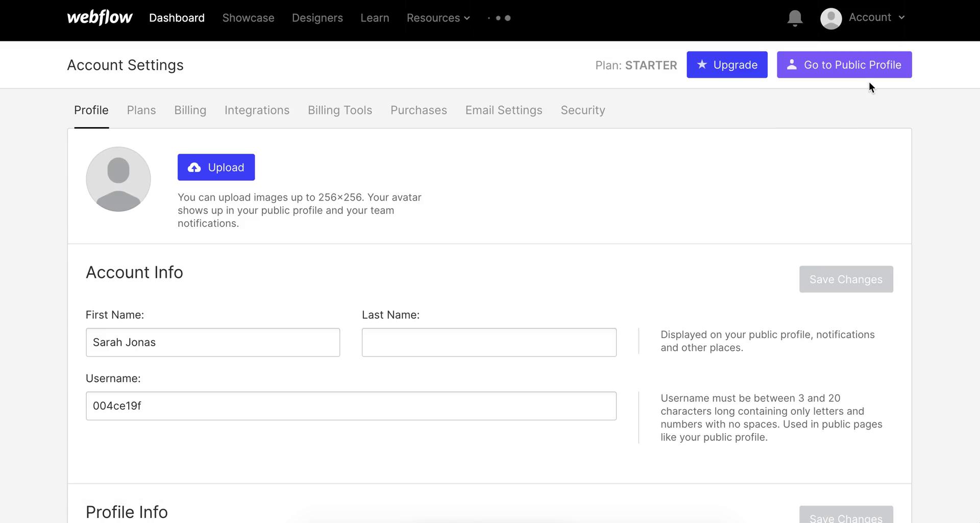 Screenshot of Account settings on Deleting your account on Webflow user flow