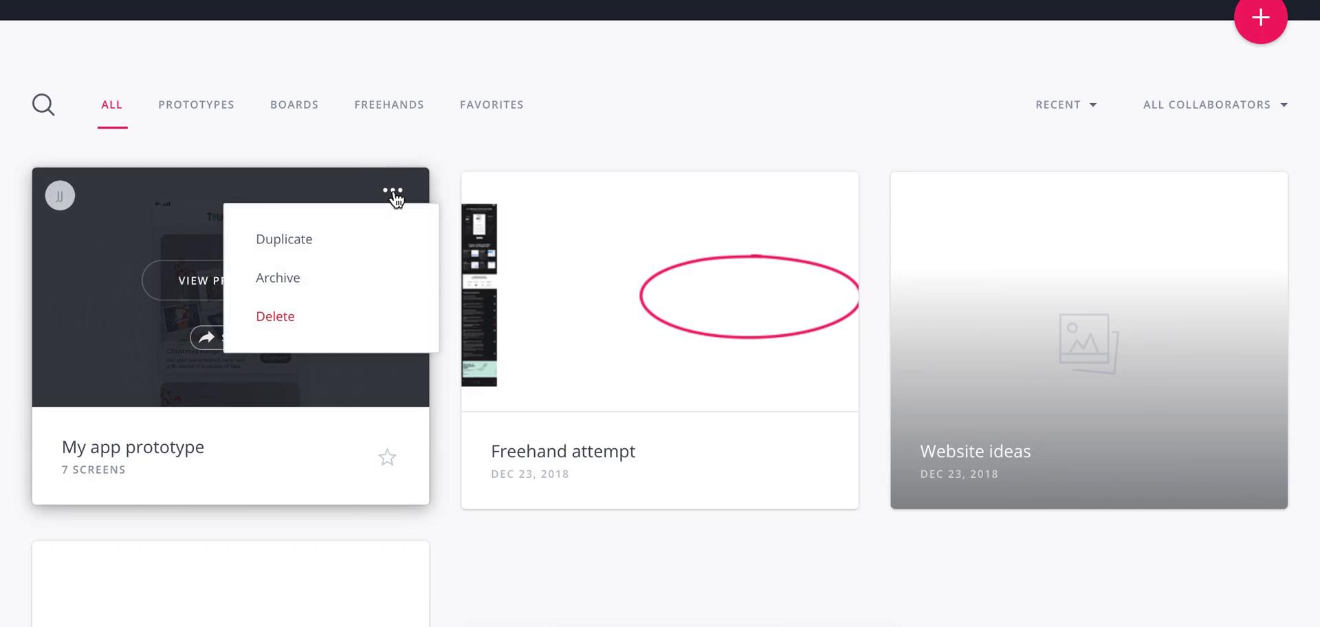 Screenshot of Project actions on Managing files on InVision user flow