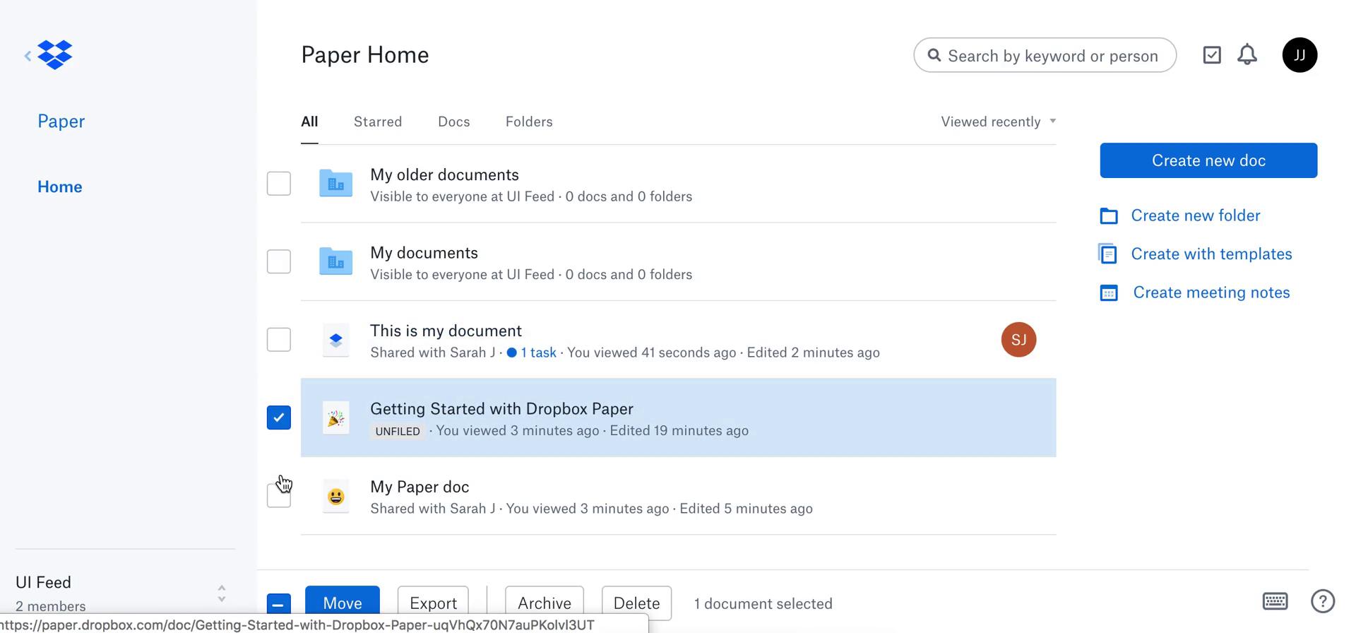 Screenshot of Select files on Managing files on Dropbox Paper user flow