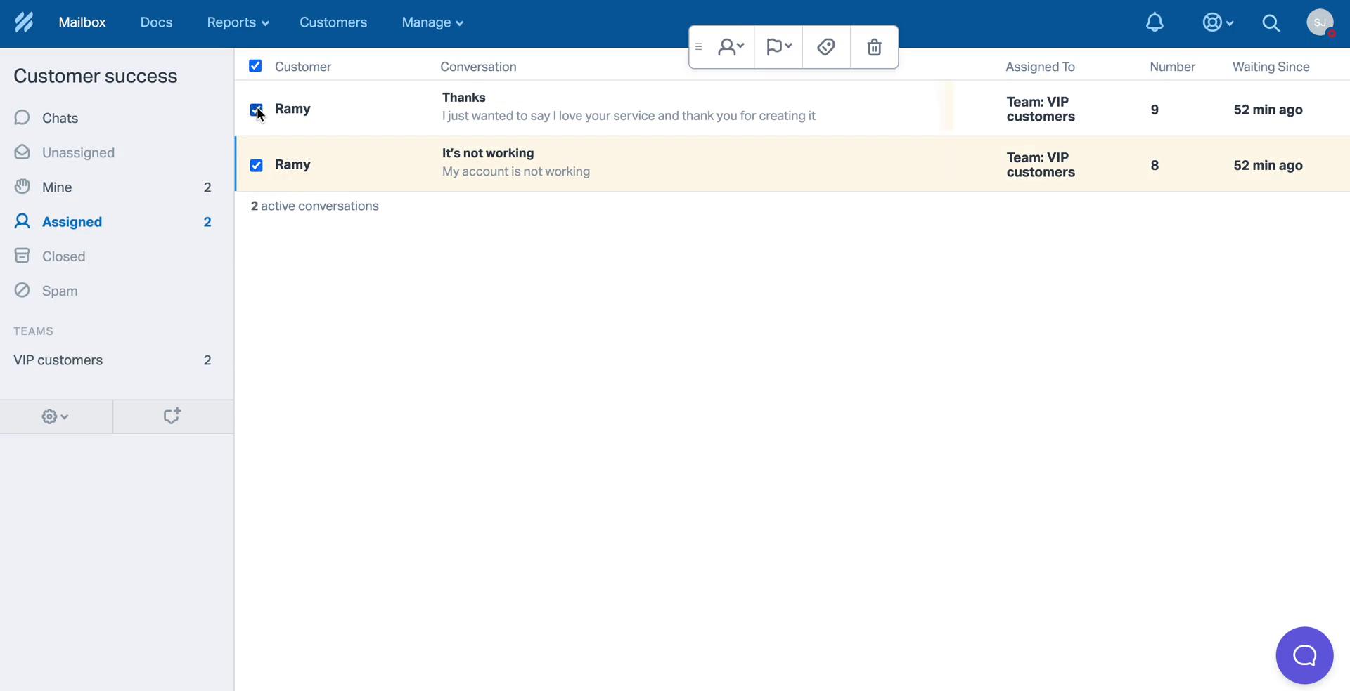 Screenshot of Bulk actions on Managing support on Help Scout user flow