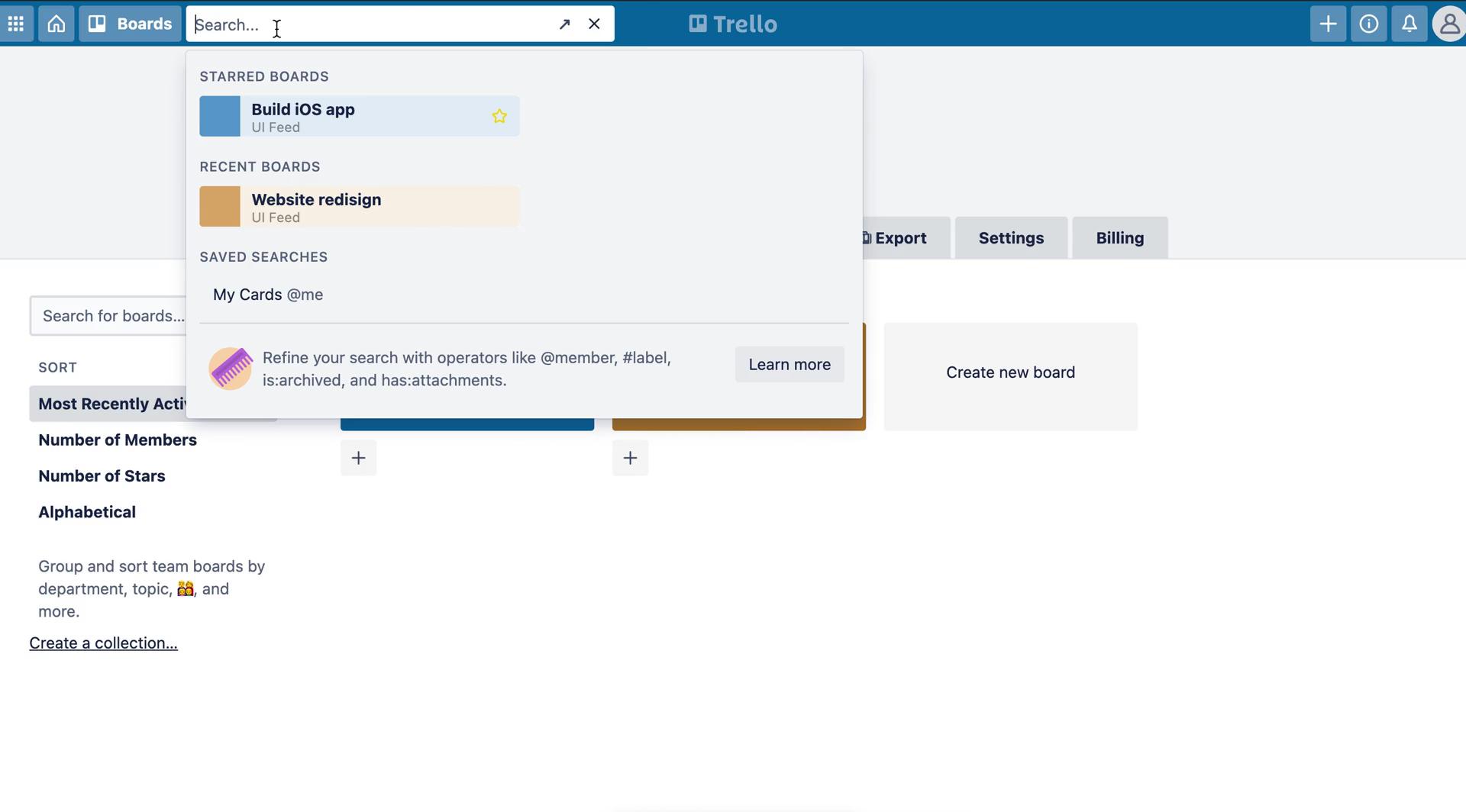 Screenshot of Search on Searching on Trello user flow