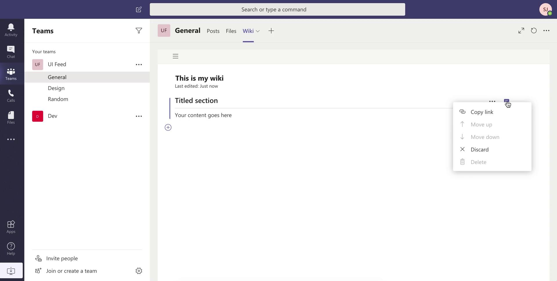 Screenshot of Section menu on Creating a document on Microsoft Teams user flow