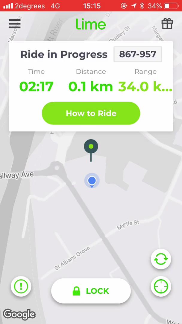 Screenshot of Ride in progress on Reporting an issue on Lime user flow