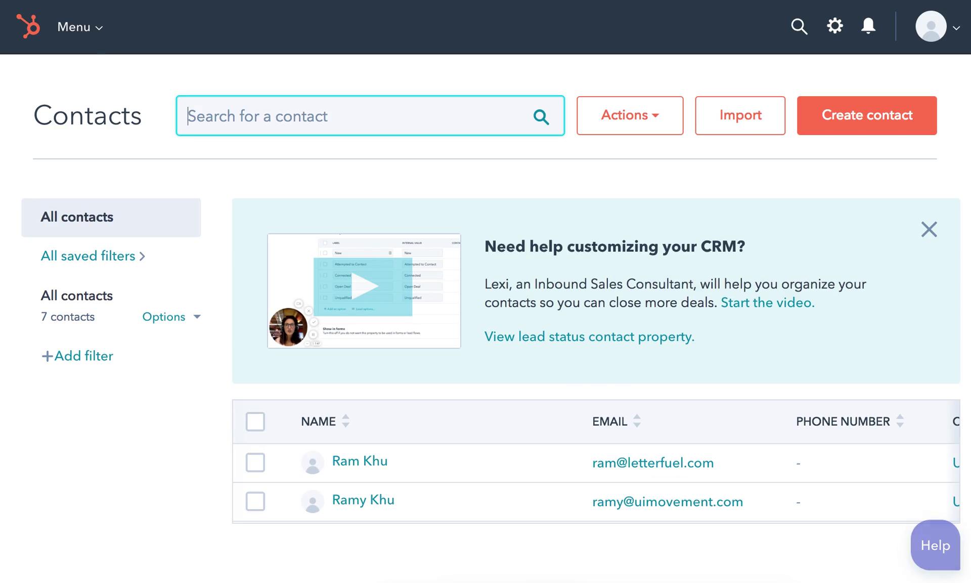 Screenshot of on Adding a contact on HubSpot CRM user flow