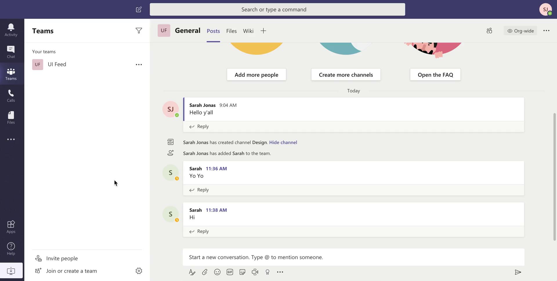 Screenshot of Chat channel on Creating a team on Microsoft Teams user flow