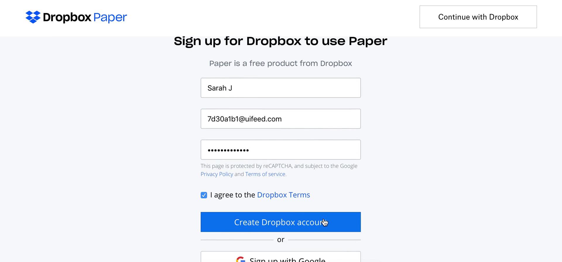 Screenshot of Sign up on Onboarding on Dropbox Paper user flow