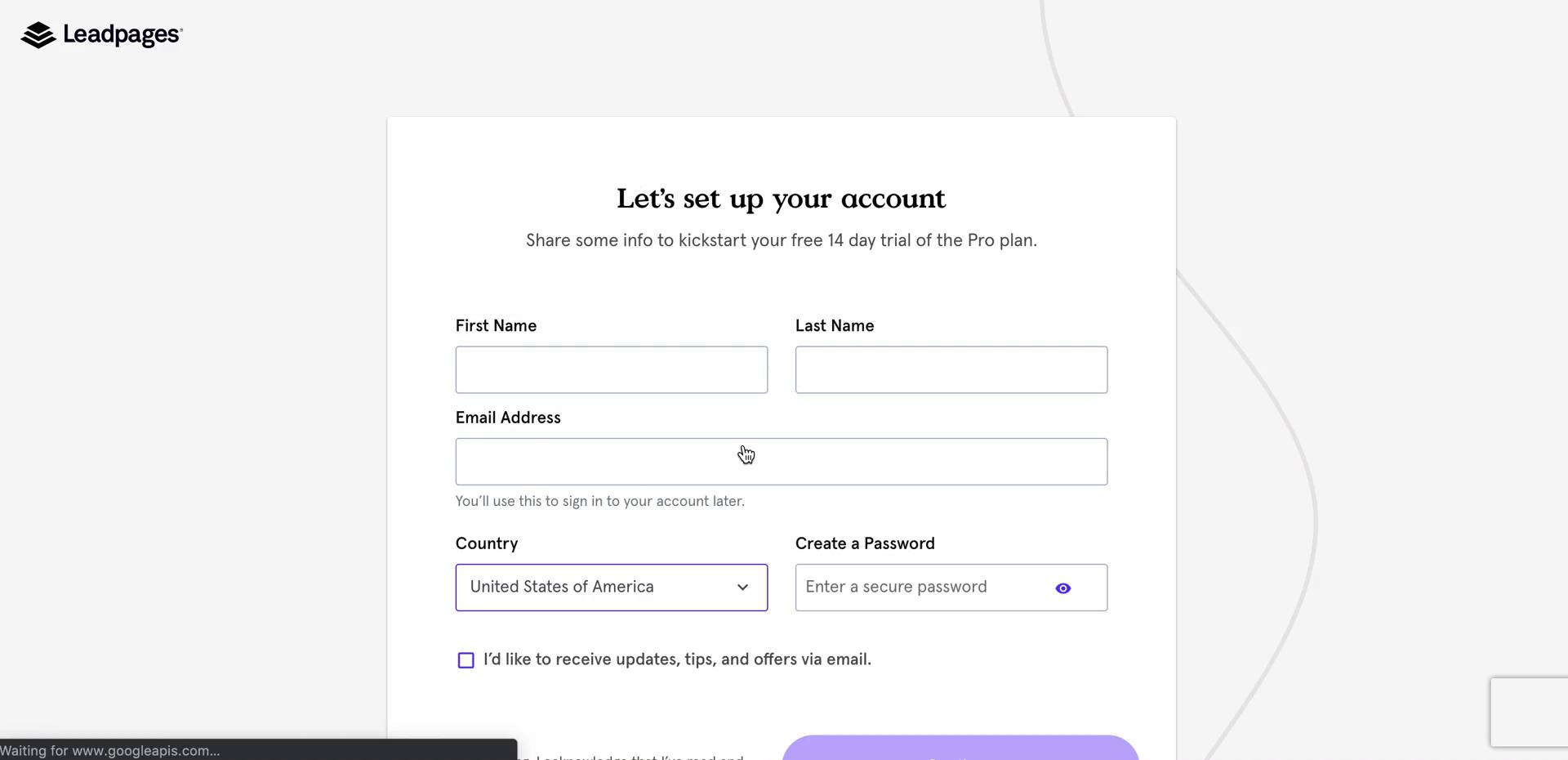 Leadpages sign up screenshot