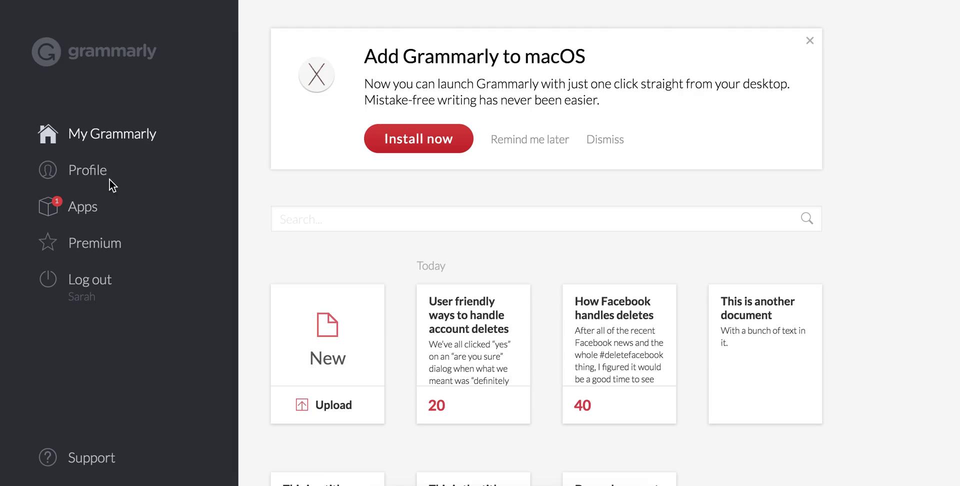 Screenshot of on Settings on Grammarly user flow