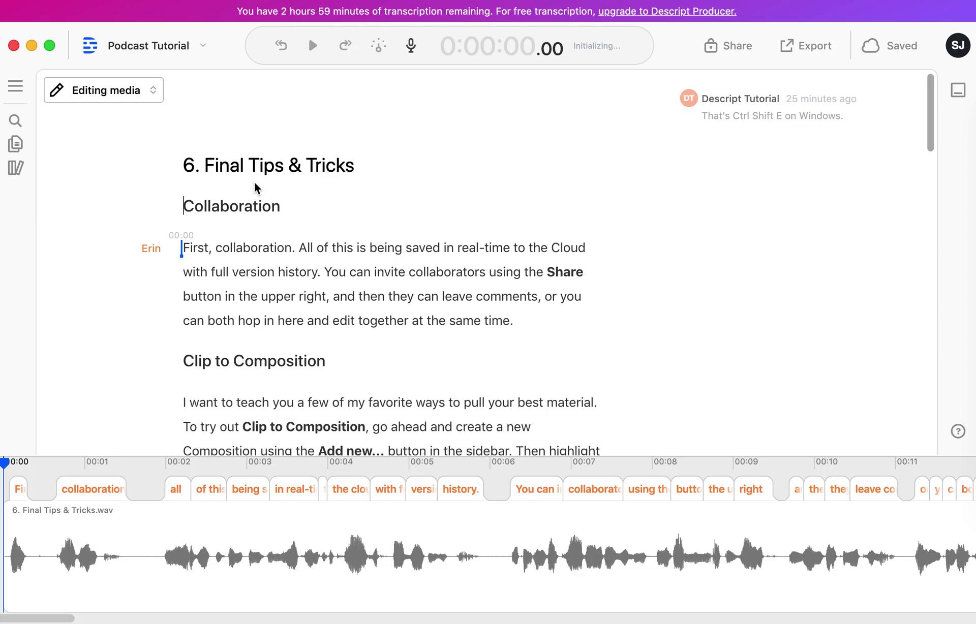 Screenshot of Audio editor on Inviting people on Descript user flow